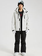 YEEFINE men's White cargo ski jacket and black ski pants with suspenders, front view