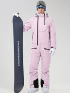 Men's Insulated One-Piece Ski Suit in Pink - Front View Holding a Snowboard