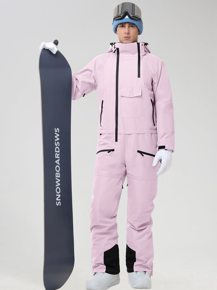 Men's Insulated One-Piece Ski Suit in Pink - Front View Holding a Snowboard