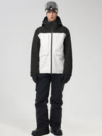 Men's black ski jacket with white chest panel and matching black snow pants, front view