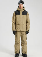 Men's Ski Jacket & Bibs Set in Khaki – Front View with Snowboard
