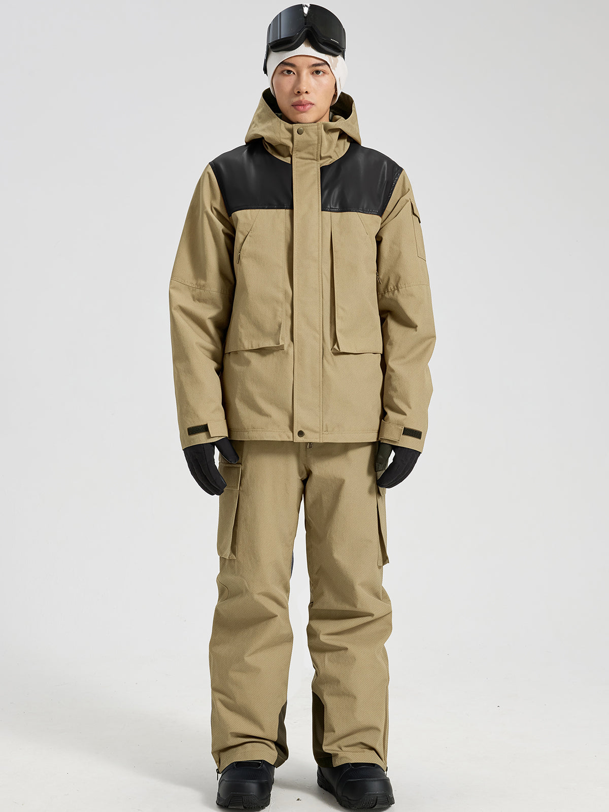 Men's Ski Jacket & Bibs Set in Khaki – Front View with Snowboard