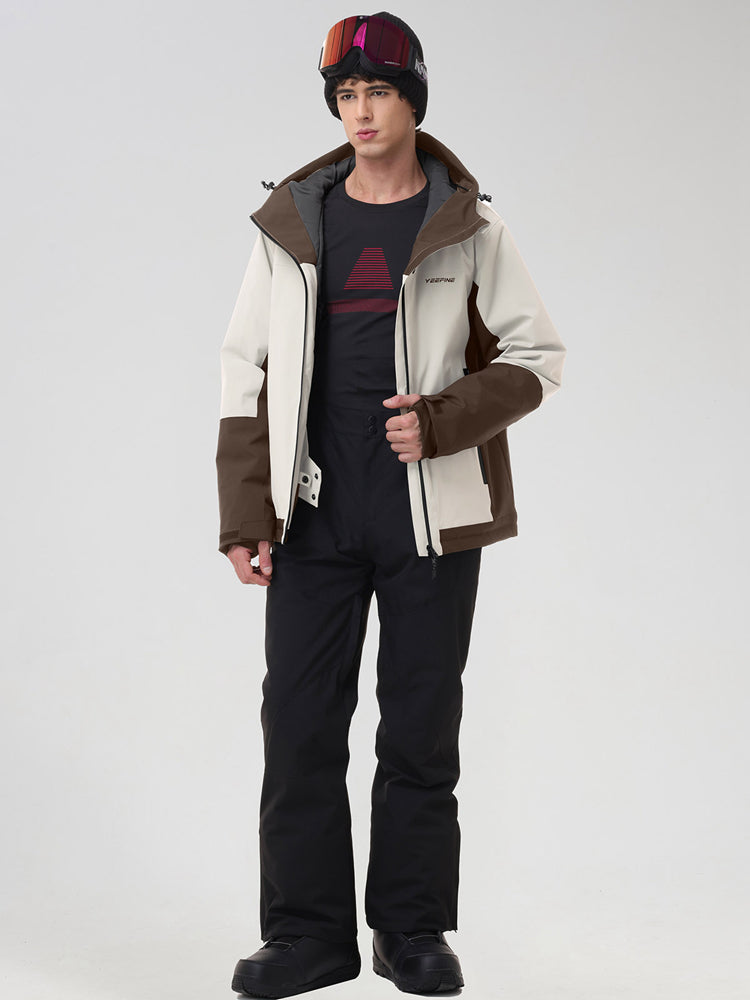 Men's beige color-block ski jacket with black snow pants, front view
