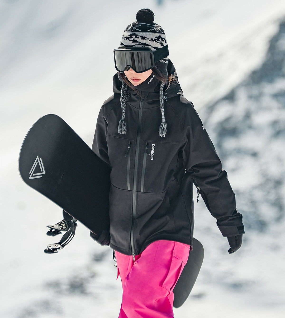 Women's 3-Layer Bonded Softshell Ski Jacket in Black, worn on the slopes