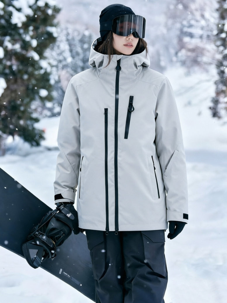 gray hooded ski jacket model