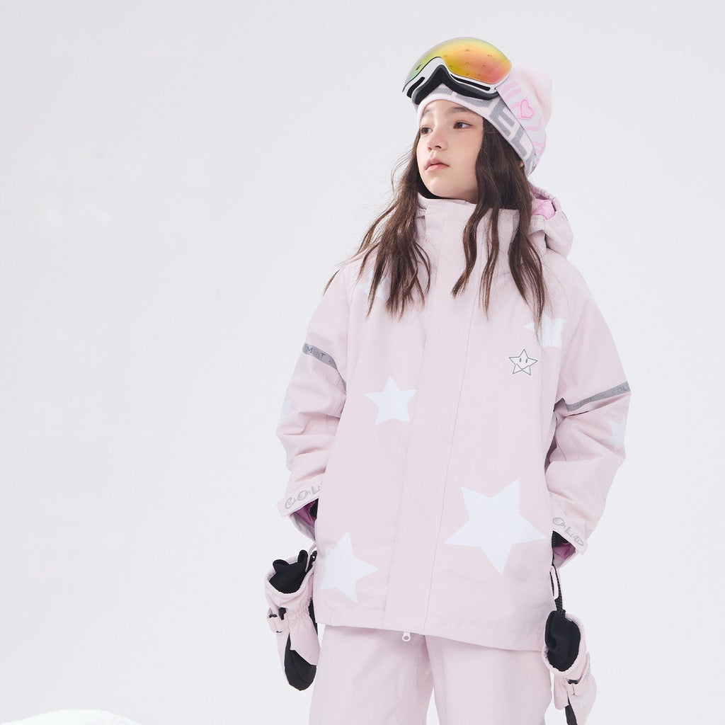 Kids' pink star print 3L ski jacket worn by a girl model