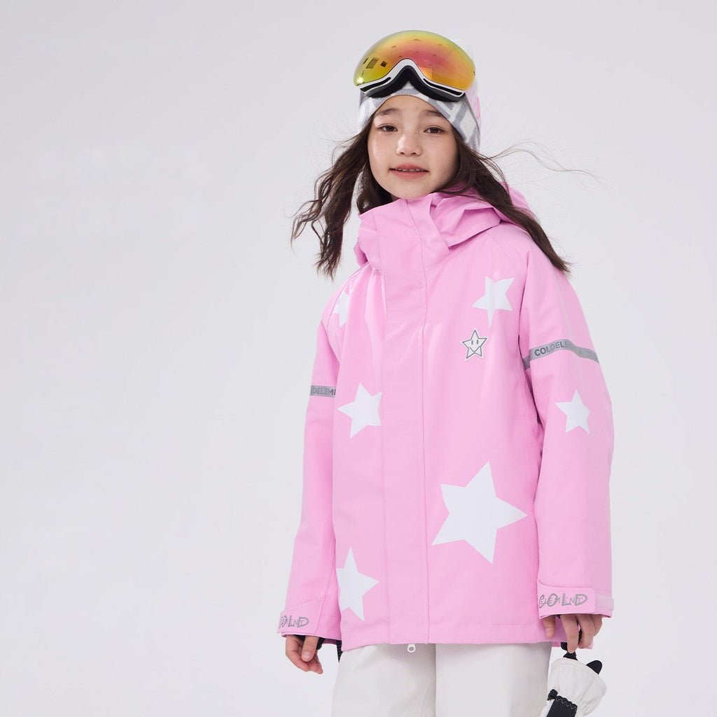 Kids' pink 3L waterproof ski jacket with star print studio shot