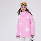 Kids' pink 3L waterproof ski jacket with star print studio shot