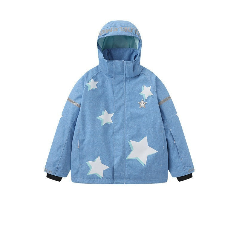 Denim blue kids 3L ski jacket flat product view